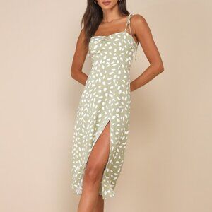 Lulus Party In Paris Sage Green Print Tie-strap Midi Dress - Size XS